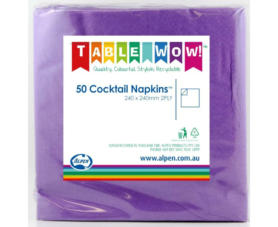 Purple Cocktail Napkins 2ply 24x24cm 50pk