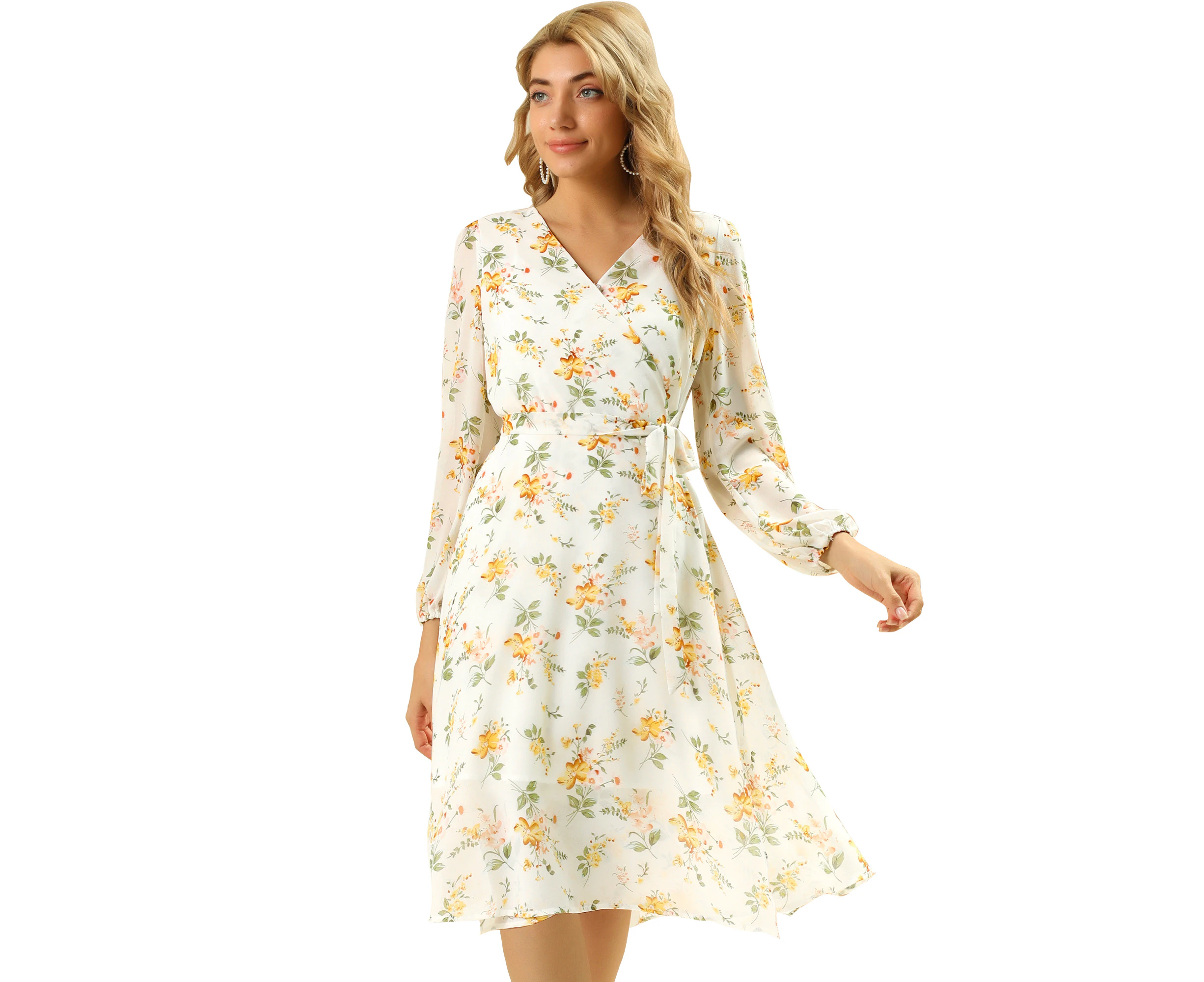 Allegra K Chiffon Floral Wrap Midi Dress White