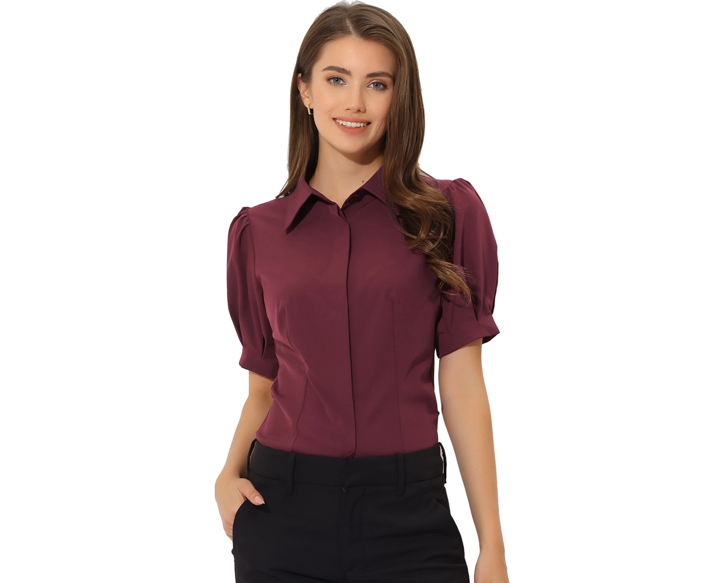 Allegra K Cotton Work Button Down Shirt Dark Red