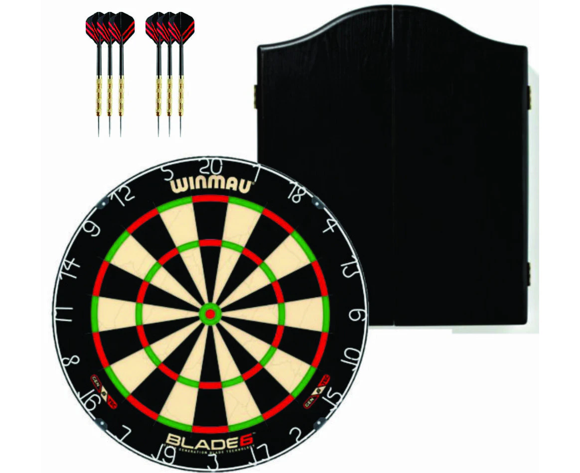 Winmau Blade 6 Dartboard with Winmau Black Cabinet Plus Free Set of Darts