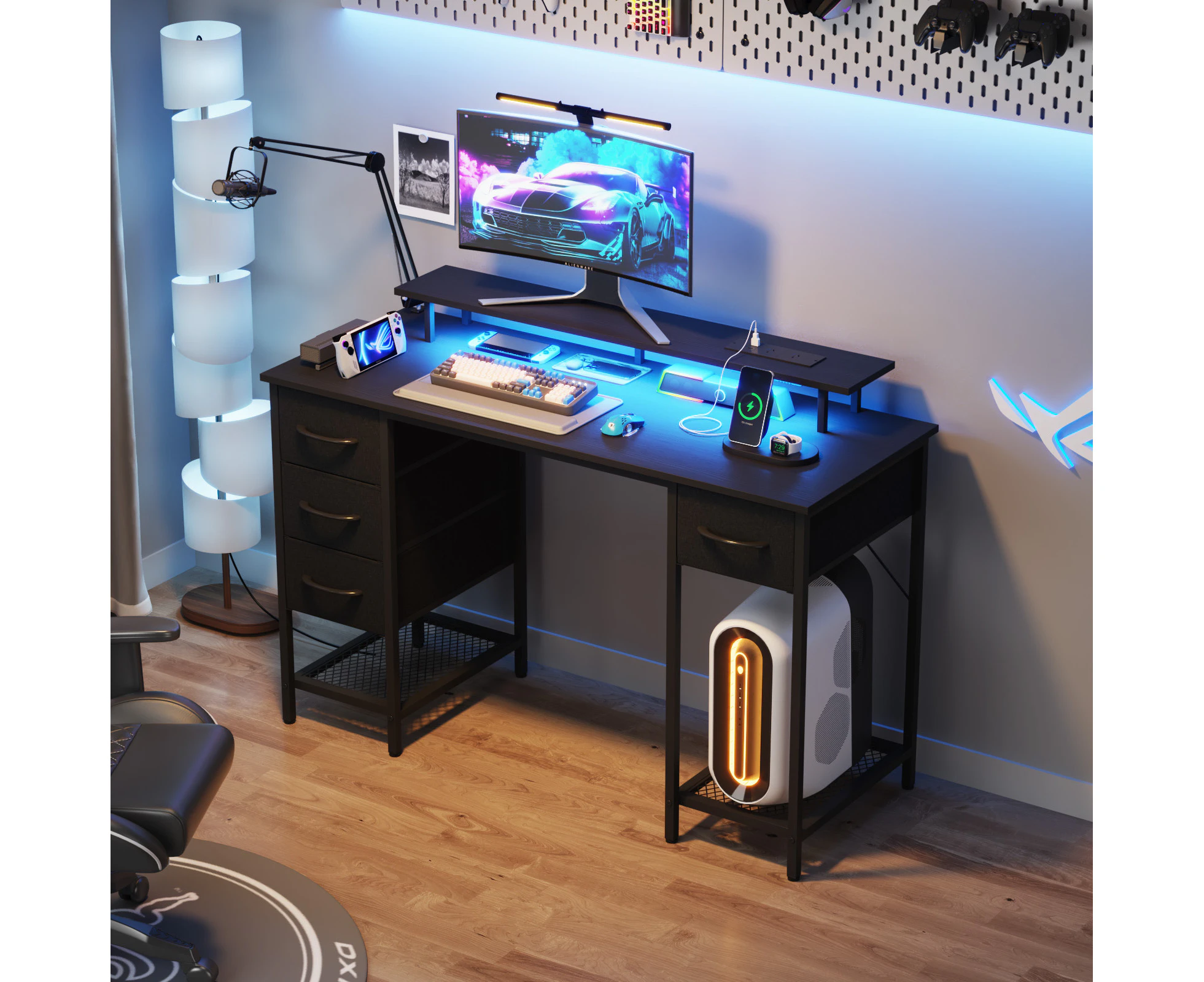 Ufurniture Gaming Desk with RGB LED Lights & Power Outlets Computer Workstation with Monitor Stand & Removable Drawers Black 120cm