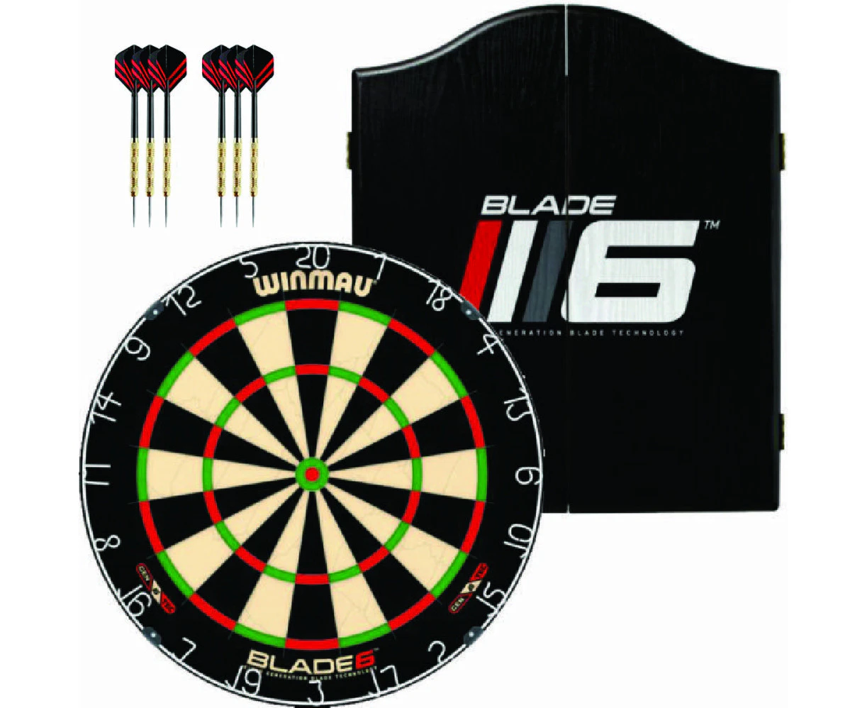 Winmau Blade 6 Dartboard with Blade 6 Design Cabinet Plus Free Set of Darts