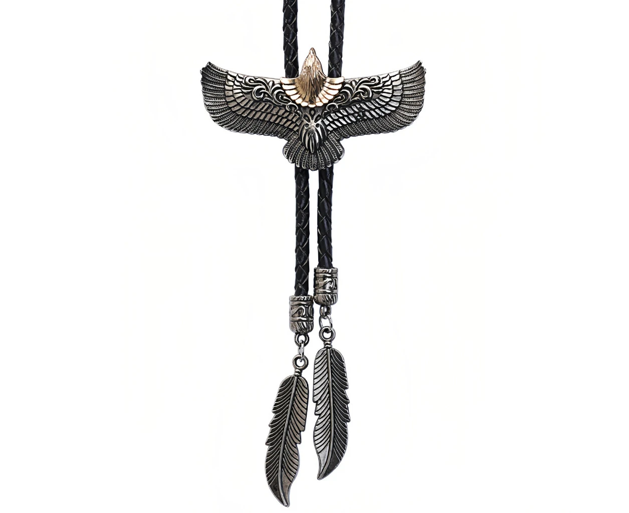 Flying Eagle Bolo Tie-Cowhide Rope Feather 1 Pendant - Leather Rope Feather