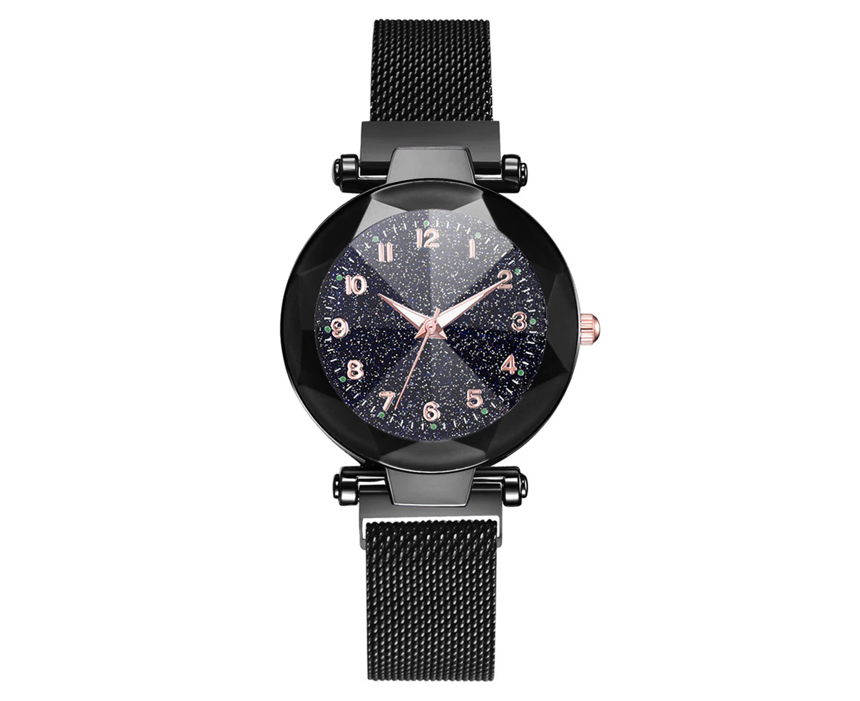 Fashion Women Quartz Wrist Watch Magnet Button Mesh Strap Wristwatch Round Dial Alloy(Black)