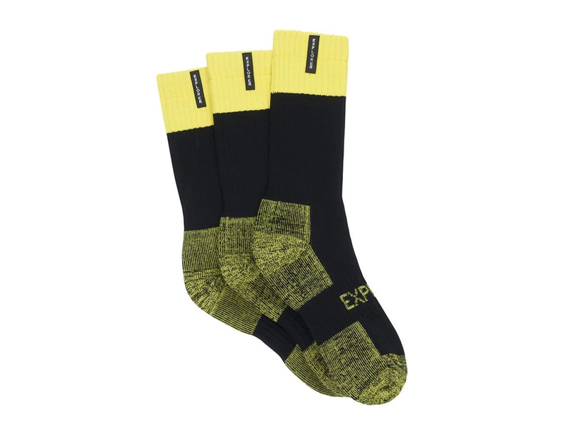 6 x Mens Bonds Explorer Tough Work Crew Cotton Socks - Black/Yellow Cotton/Elastane/Nylon