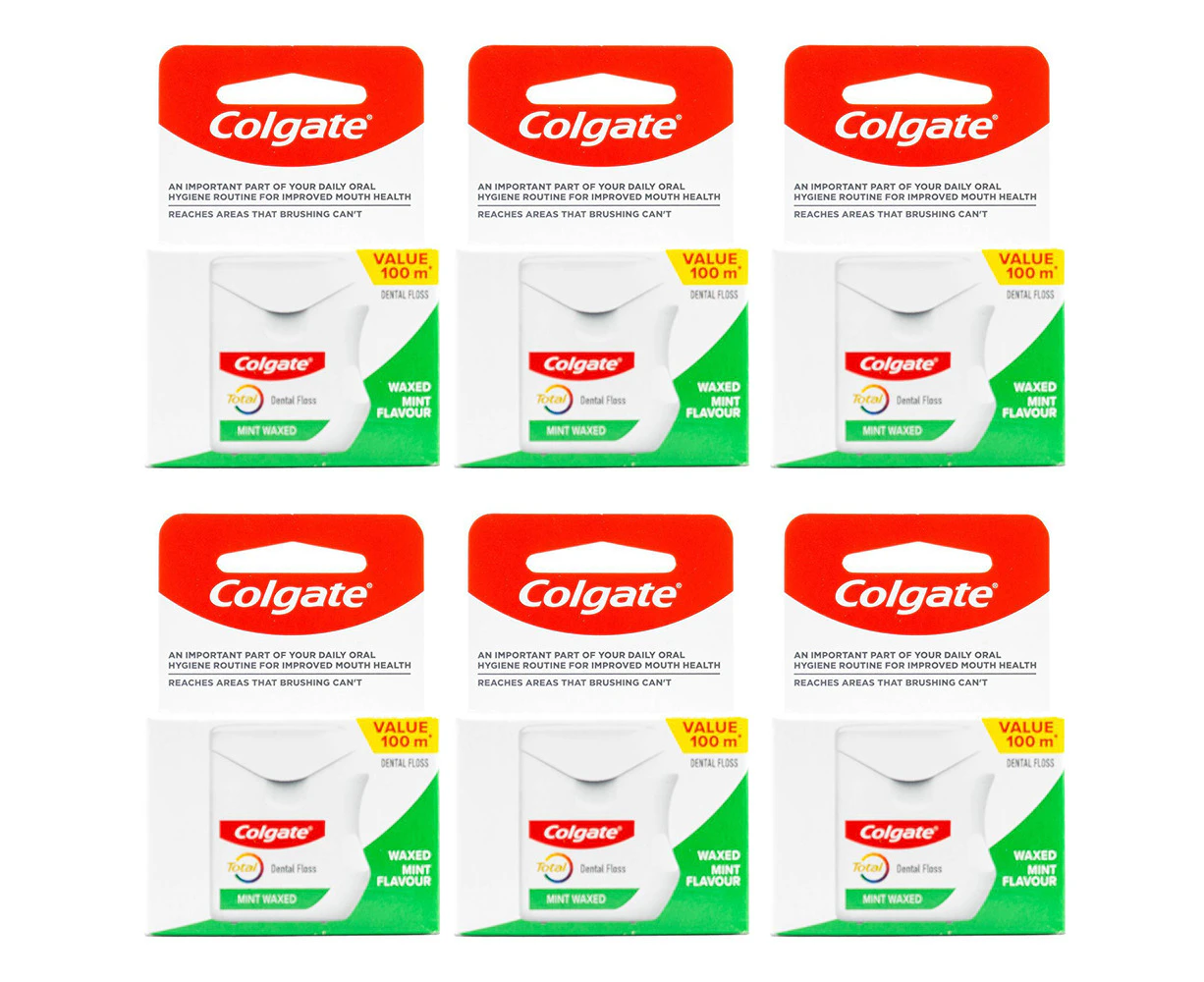 6x Colgate 100m Dental Floss Waxed Mint Flavour Oral Care Interdental Cleaner