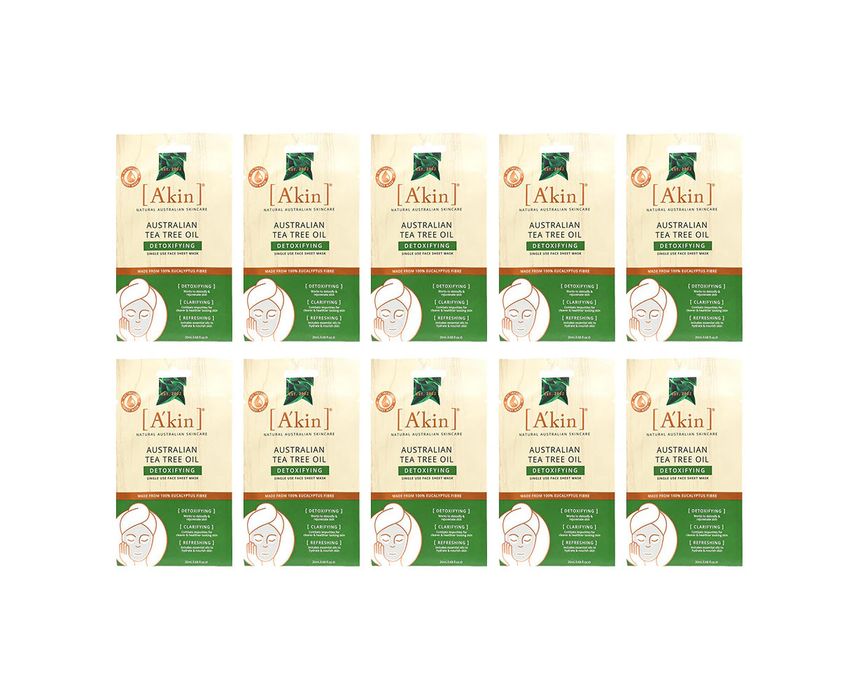 10x Akin 20ml Face Sheet Mask Detoxifying Australian Tea Tree Oil Skin Care