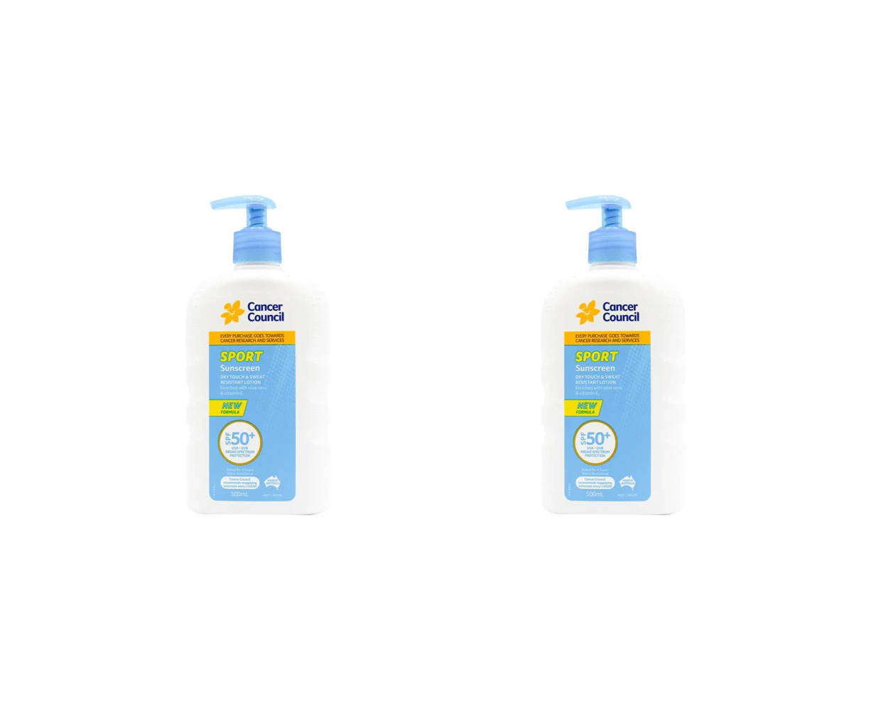 2x Cancer Council 500ml Sport Sunscreen SPF50+ Sweat Resistant Pump Bottle