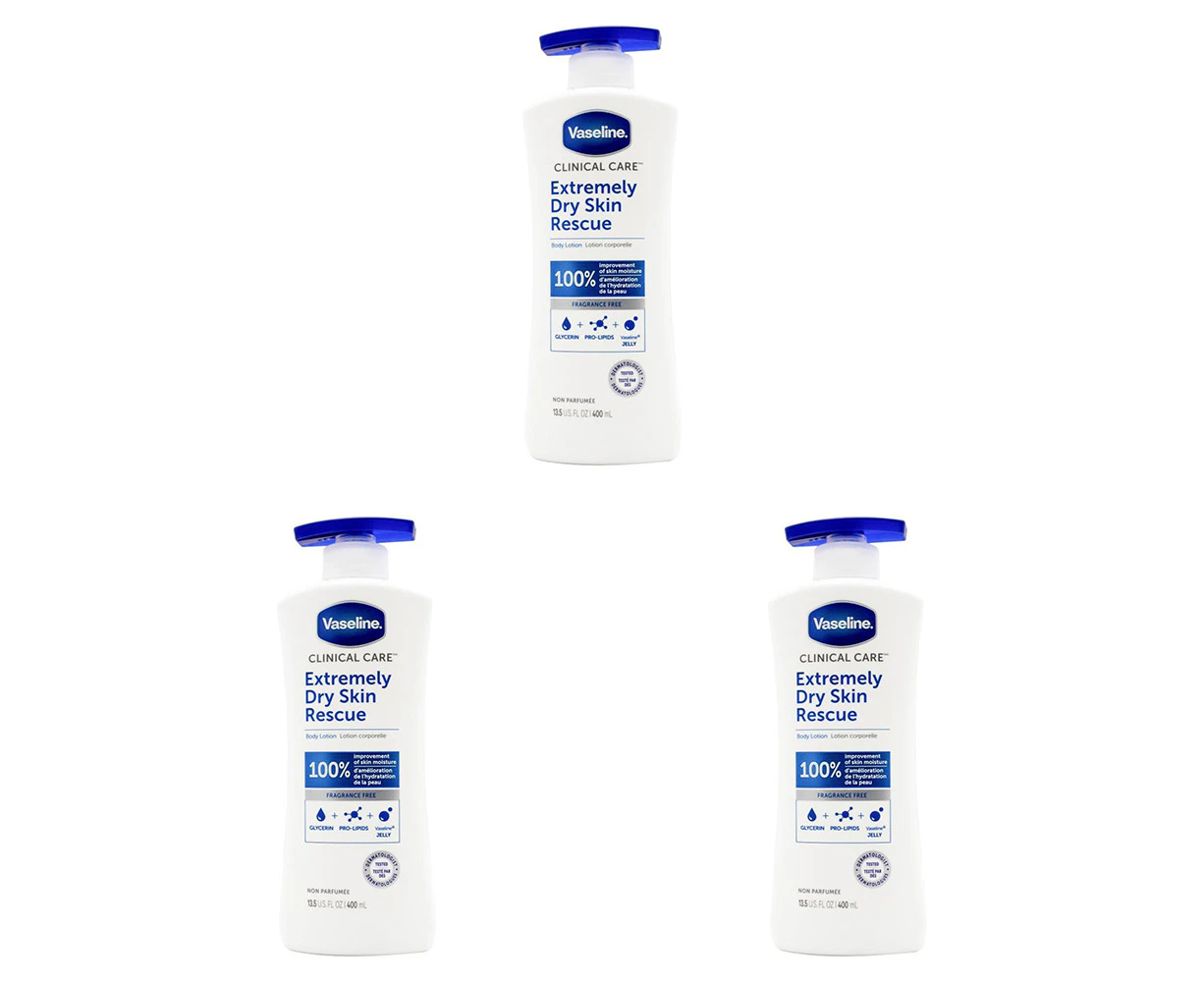 3x Vaseline 400ml Body Lotion Extremely Dry Skin Rescue Unscented Moisturiser