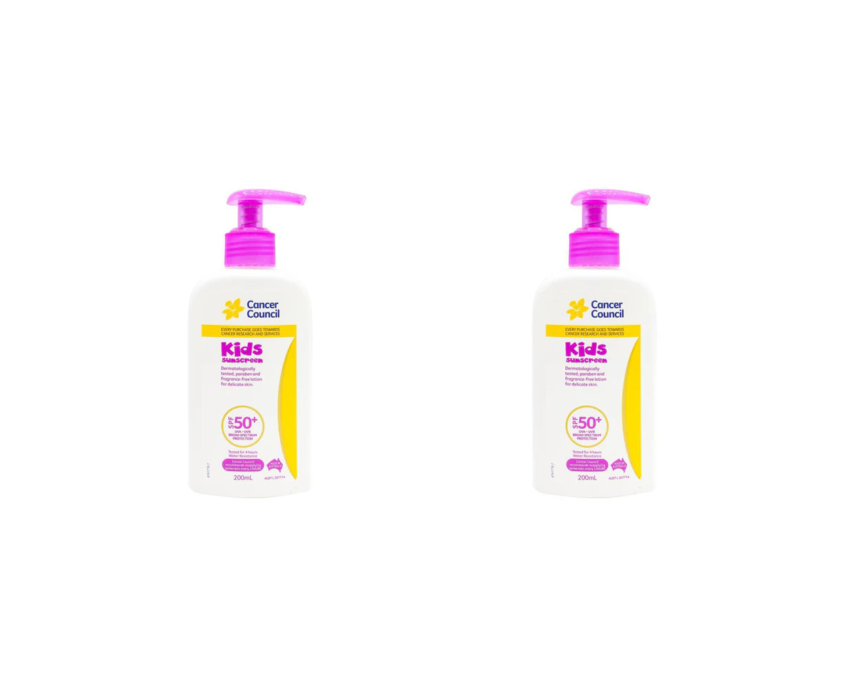 2x Cancer Council 200ml Kids Sunscreen SPF50+ Body Lotion Pump Sun Protection