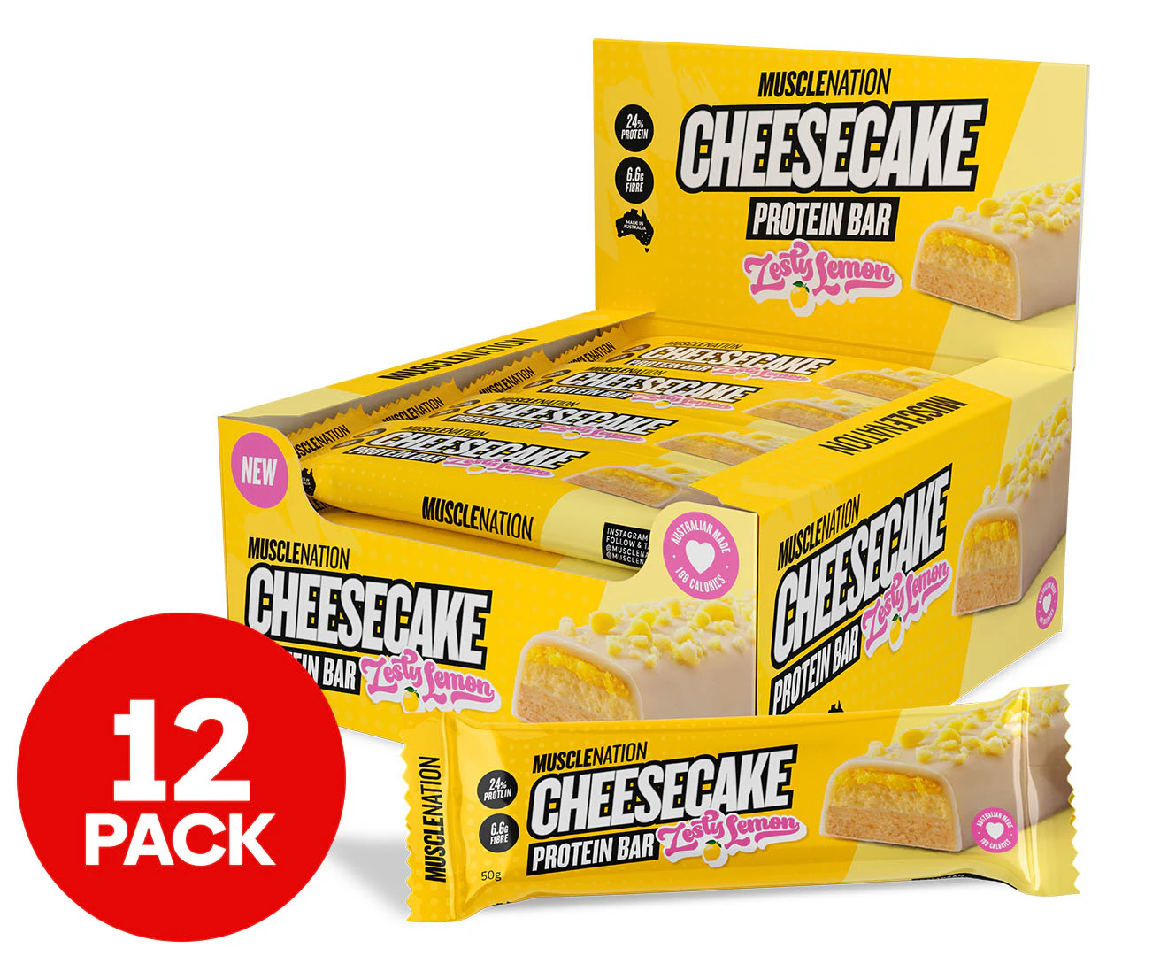 12 x Muscle Nation Cheesecake Protein Bar Zesty Lemon 60g