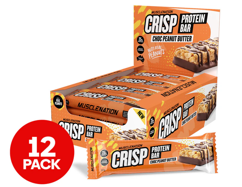 12 x Muscle Nation Crisp Protein Bar Choc Peanut Butter 50g