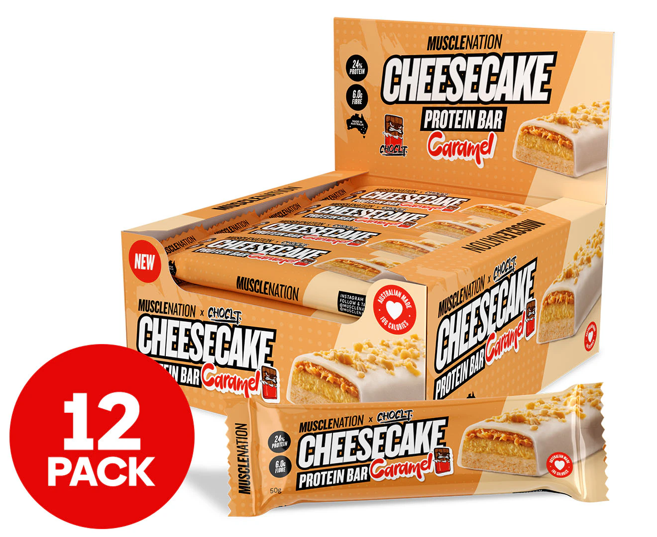 12 x Muscle Nation Cheesecake Protein Bar Caramel 50g