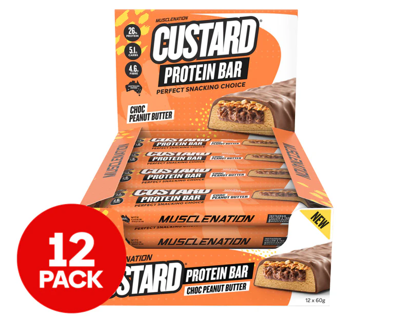 12 x Muscle Nation Custard Protein Bar Choc Peanut Butter 60g