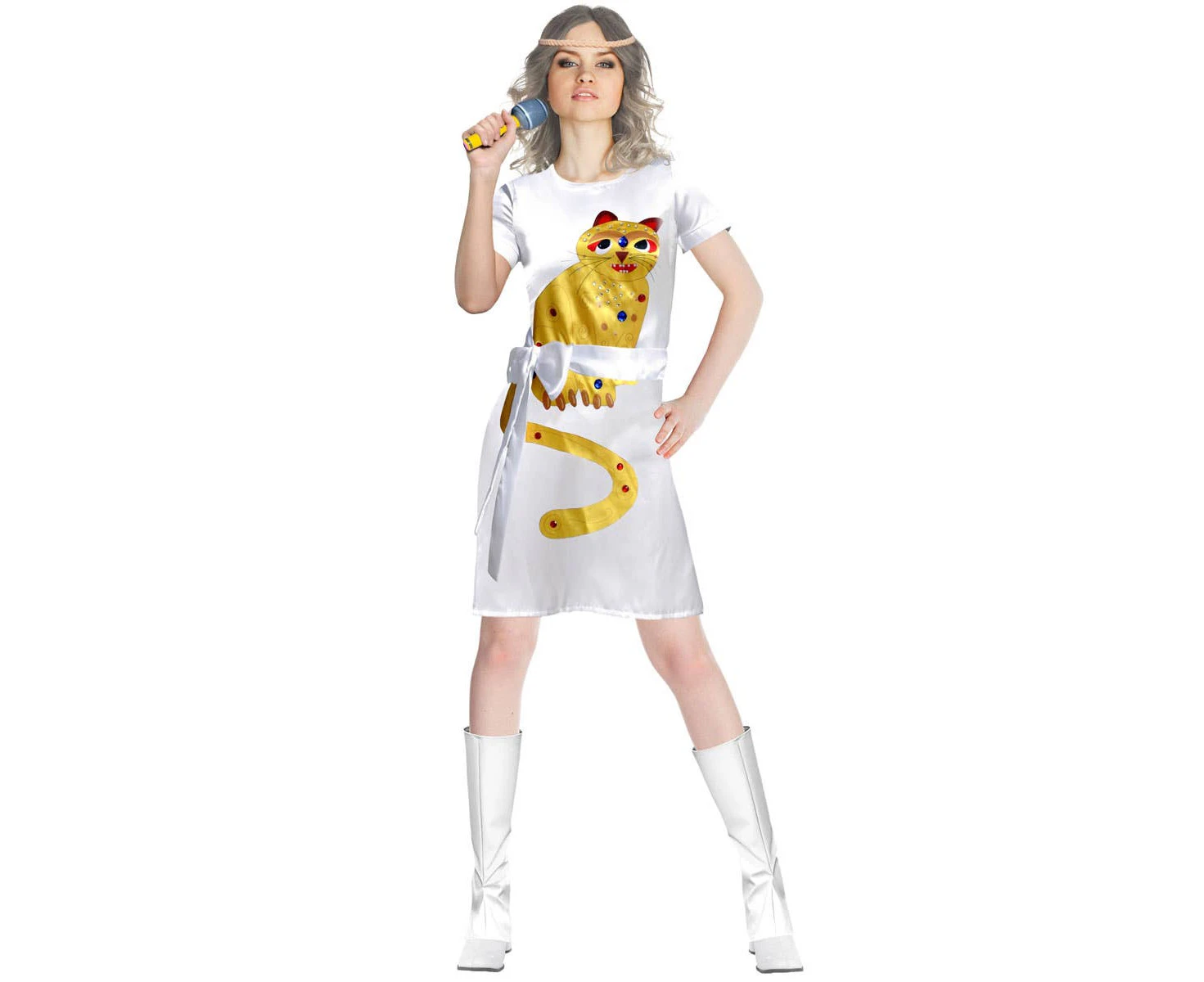 ABBA Women's White Costume Dress with Gold Cat - New