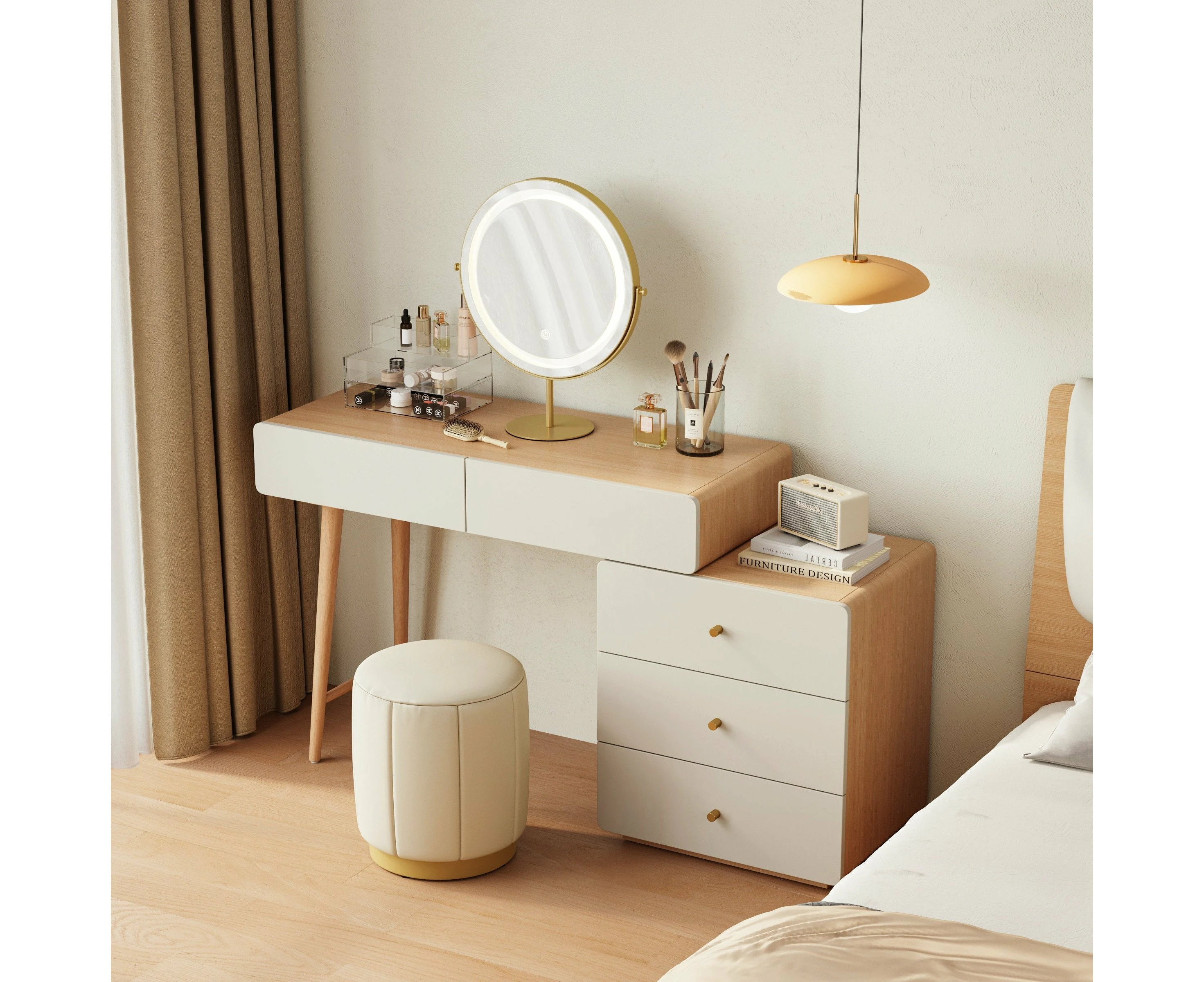 Elsmere Vanity Set with 3-Drawers Cabinet Illuminated Mirror and Stool/Dressing Table Set