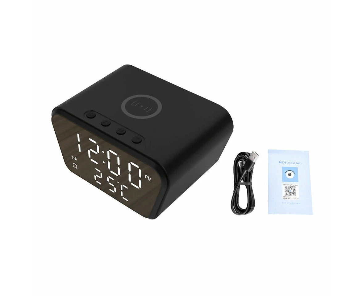 HD 1080 Mini Camera Night Vision WiFi Nanny Cam Wireless Charger/Clock/Recorder-Black