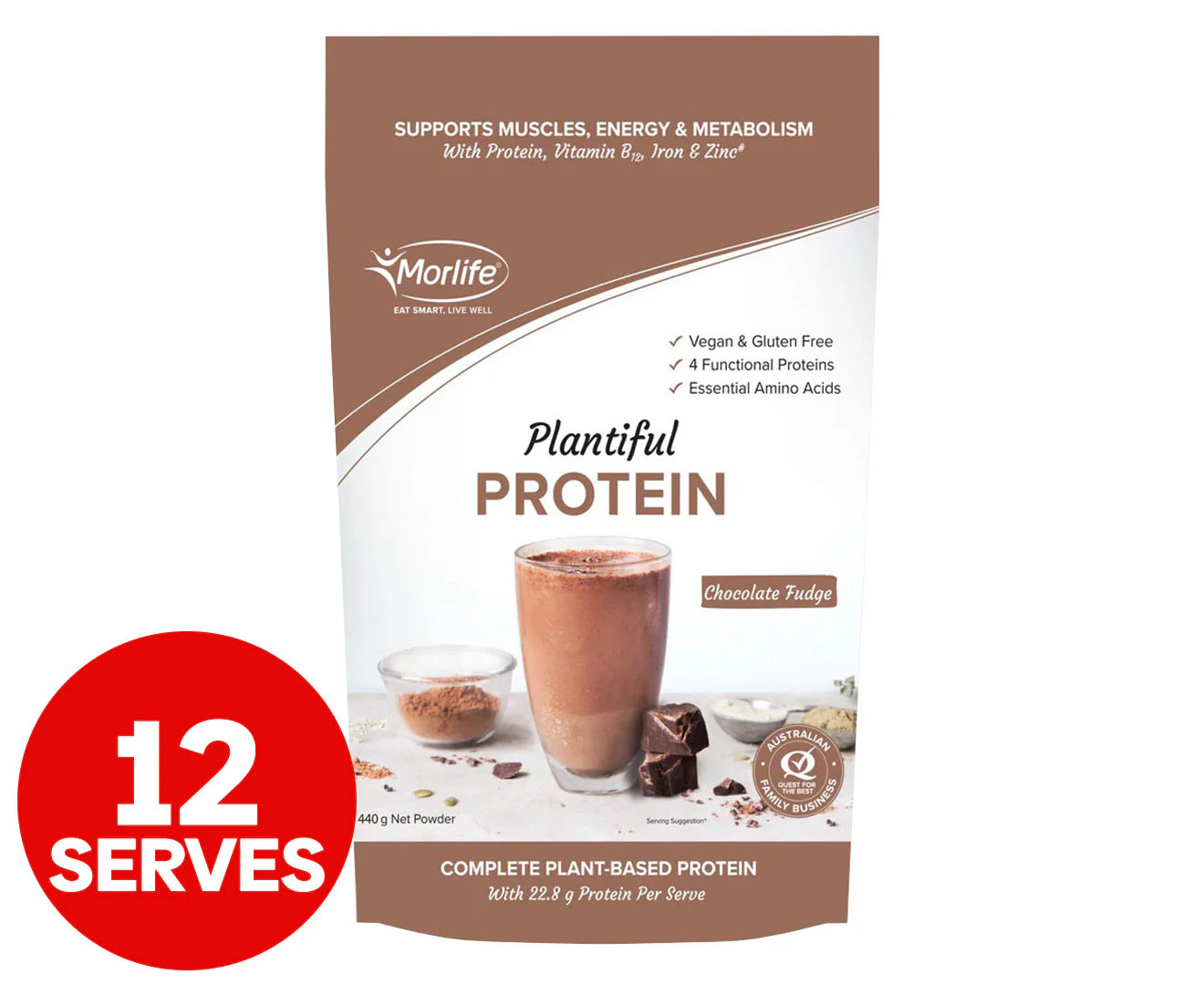 Morlife Plantiful Protein Powder Chocolate Fudge 440g / 12 Serves