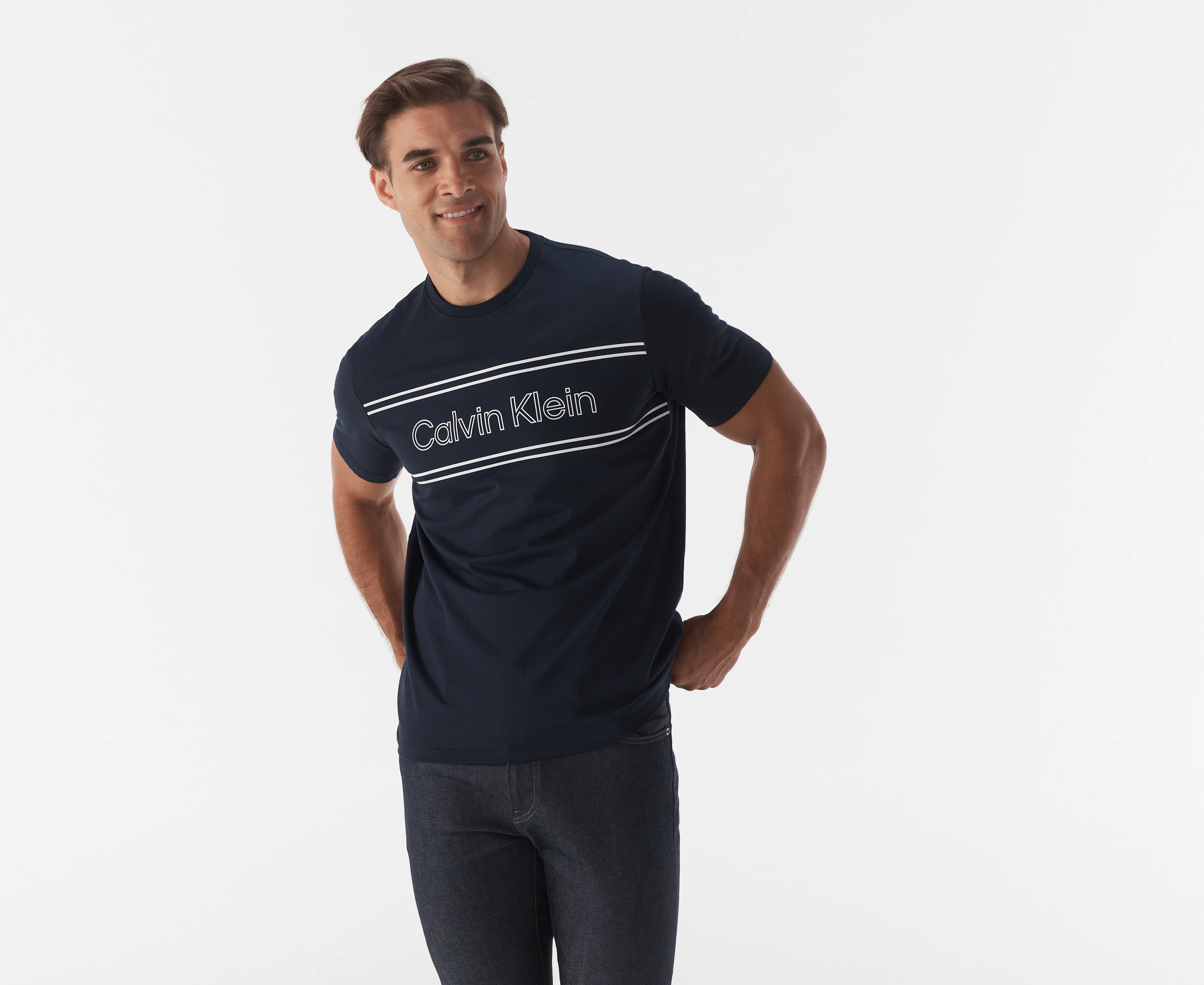 Calvin Klein Men's Outline Boxed Logo Crewneck Tee / T-Shirt / Tshirt - Dark Sapphire