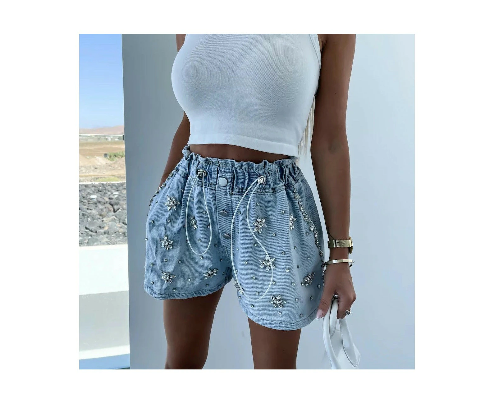 Women's High Waisted Rhinestone Denim Shorts Drawstring Elastic Waist Jean Shorts-6 horns