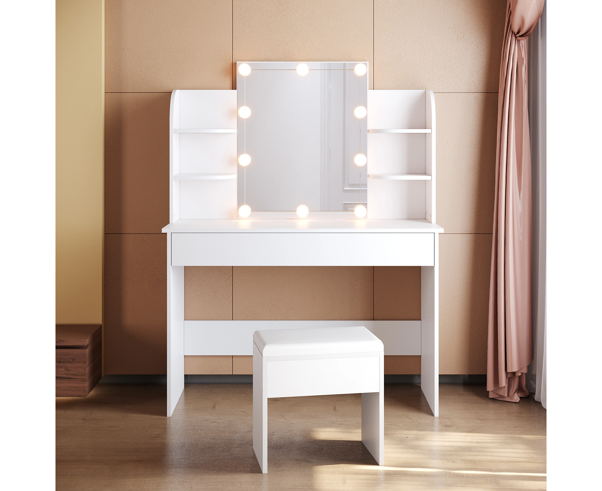 ELEGANT White Dressing Table with 10 Bulbs and Desktop Storage Mirror Lighting Makeup Vanity Stool not Included