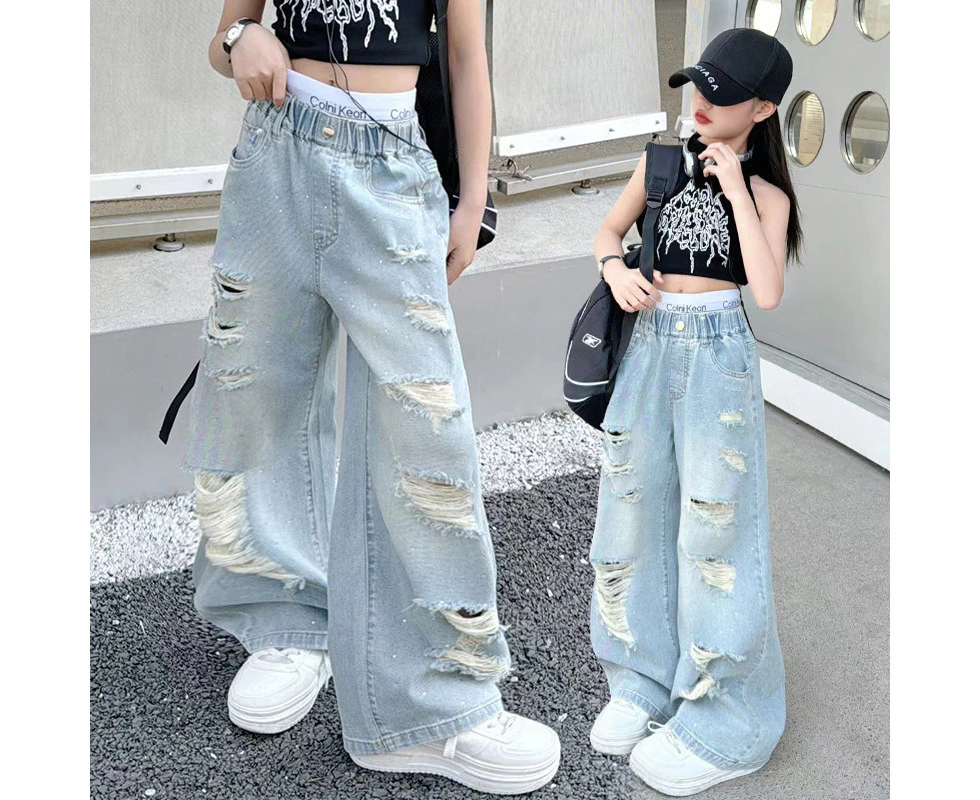 Girls' Jeans Summer 2024 New Fashionable Ripped Wide-Leg Pants Thin n Style Straight-Leg Pants Fashion