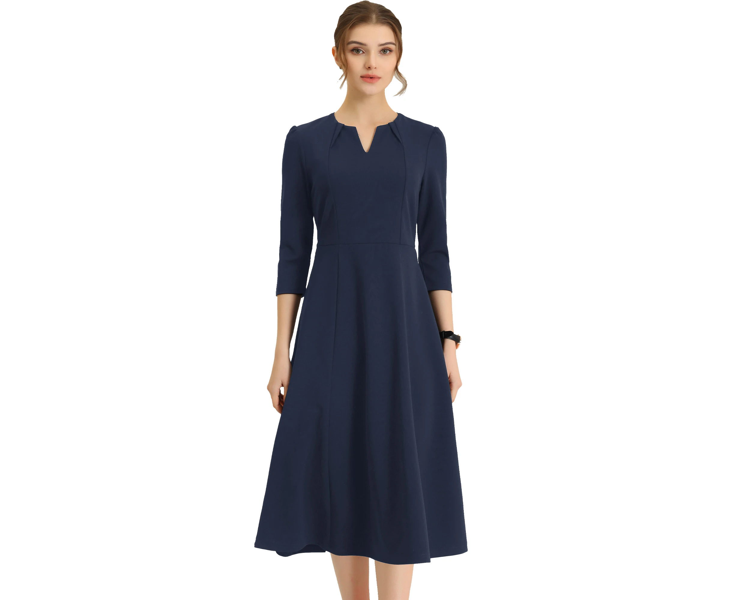 Allegra K 3/4 Sleeve V Neck Pockets Dress Navy Blue