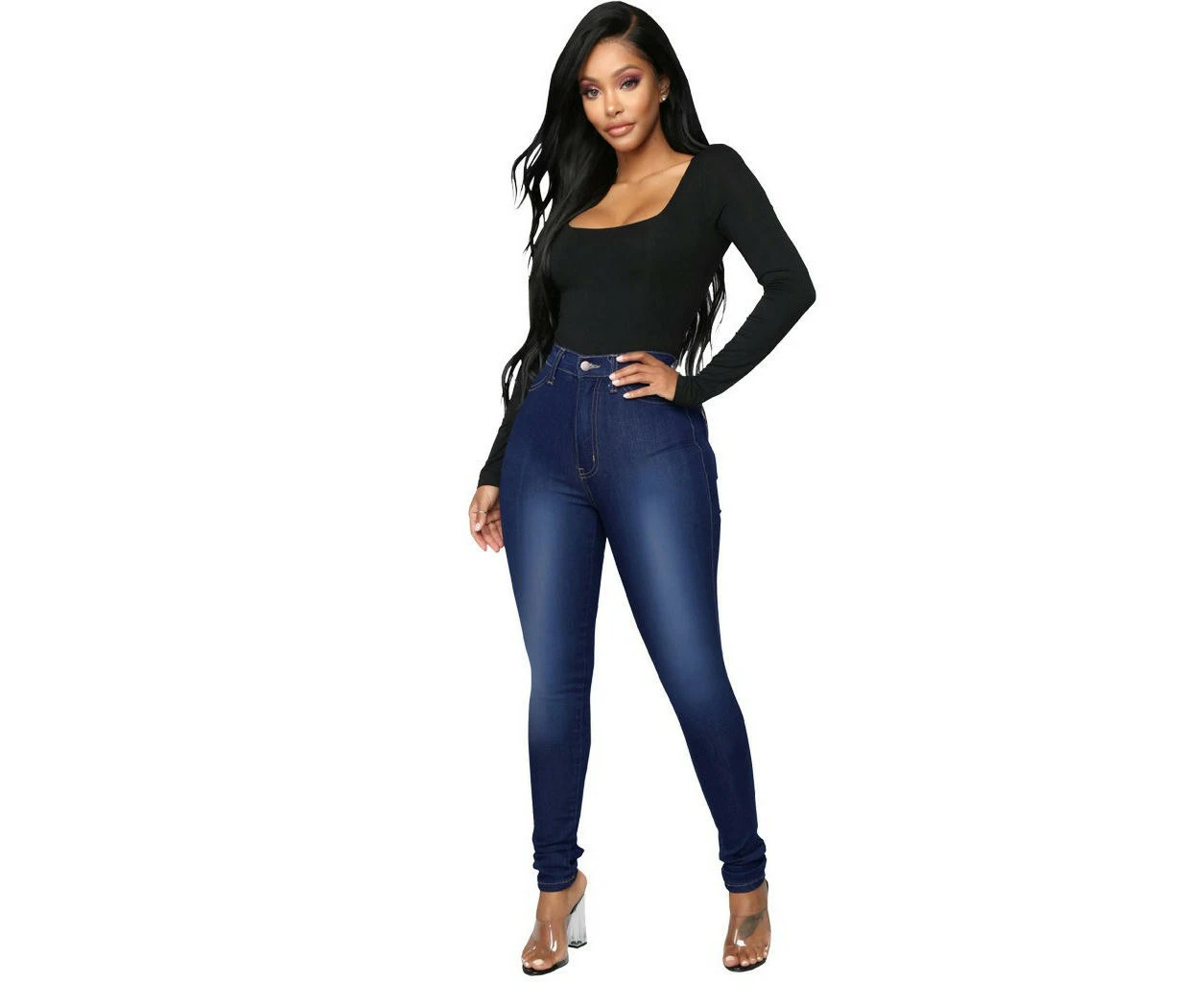 Women's High Waisted Skinny Stretch Jeans Slim Fit Denim Pants-Dark blue