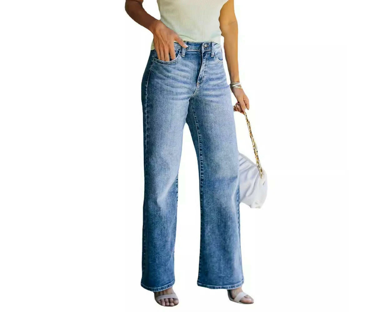 Women's Casual Mid Waisted Wide Leg Baggy Stretch Denim Jeans-blue