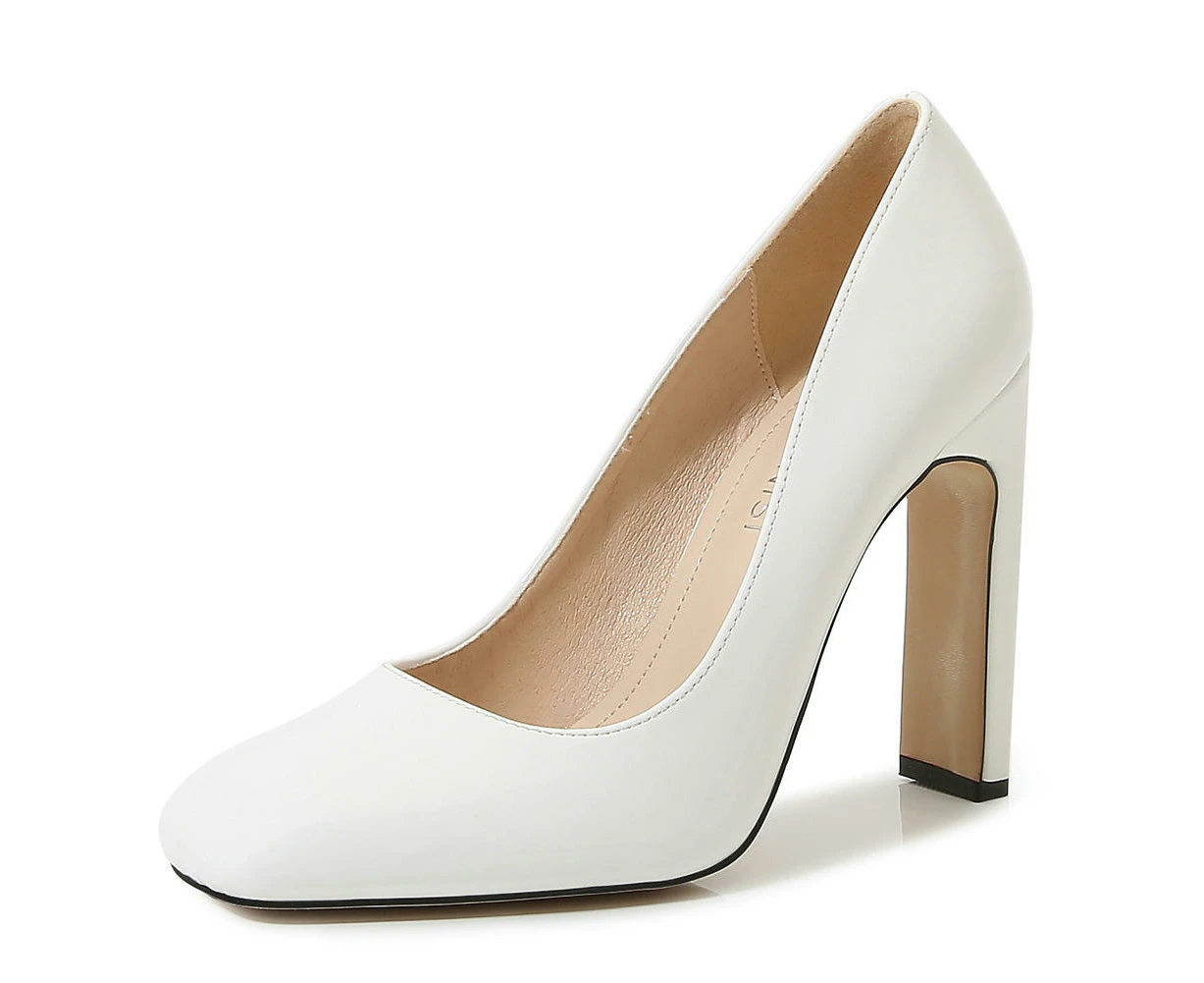 Chunky High Heel Square Closed Toe Pump Shoes for Women-white