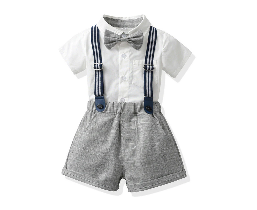 Children's summer clothing for middle and large children solid color bow short-sleeved shirt suspenders shorts suit children