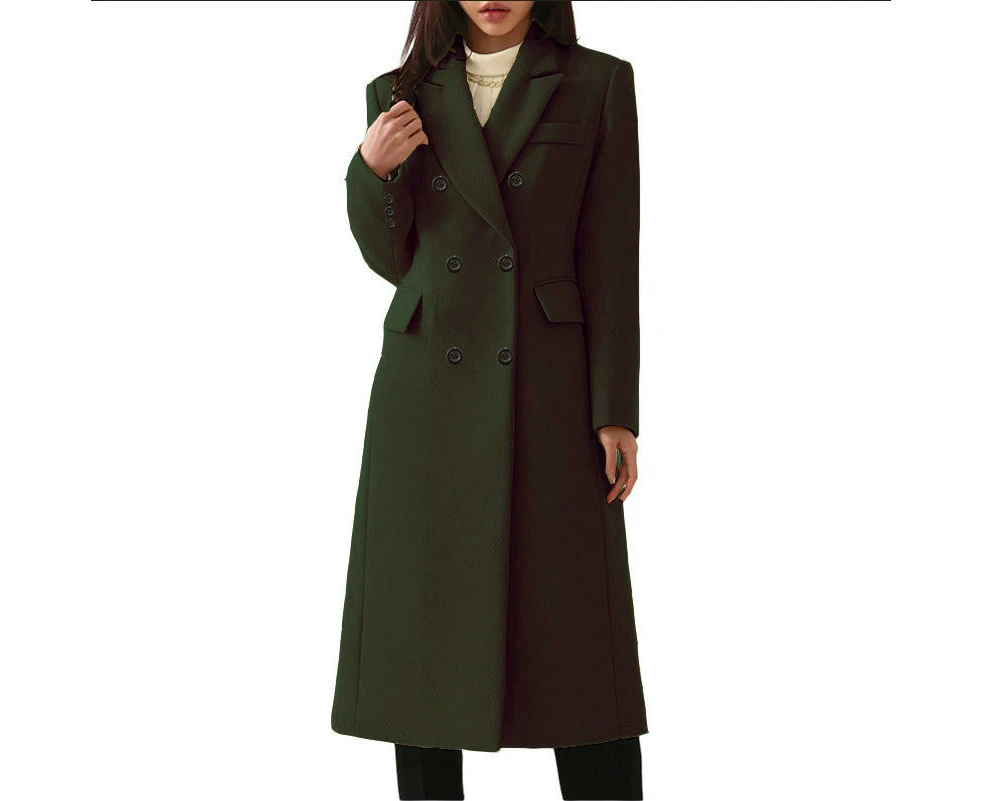 Women Winter Mid-Long Coat Double Breasted Lapel Jacket Outwear-Military Green