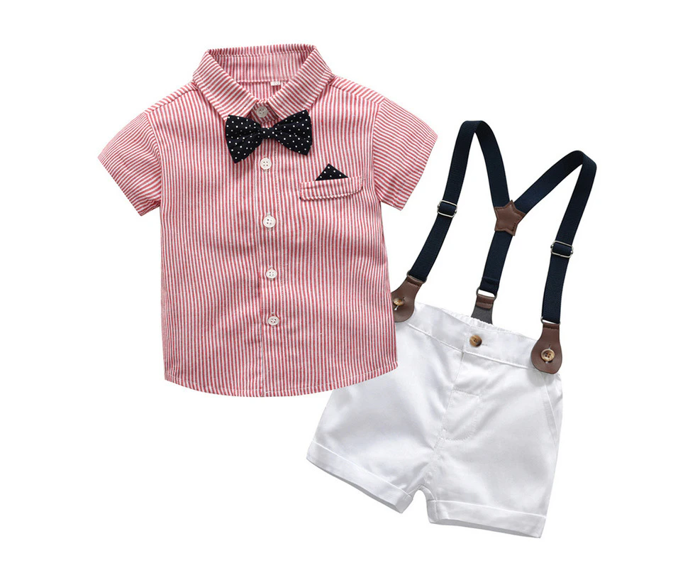 Summer Striped Bowknot Short-sleeved Cardigan Overalls Shorts Children's Set