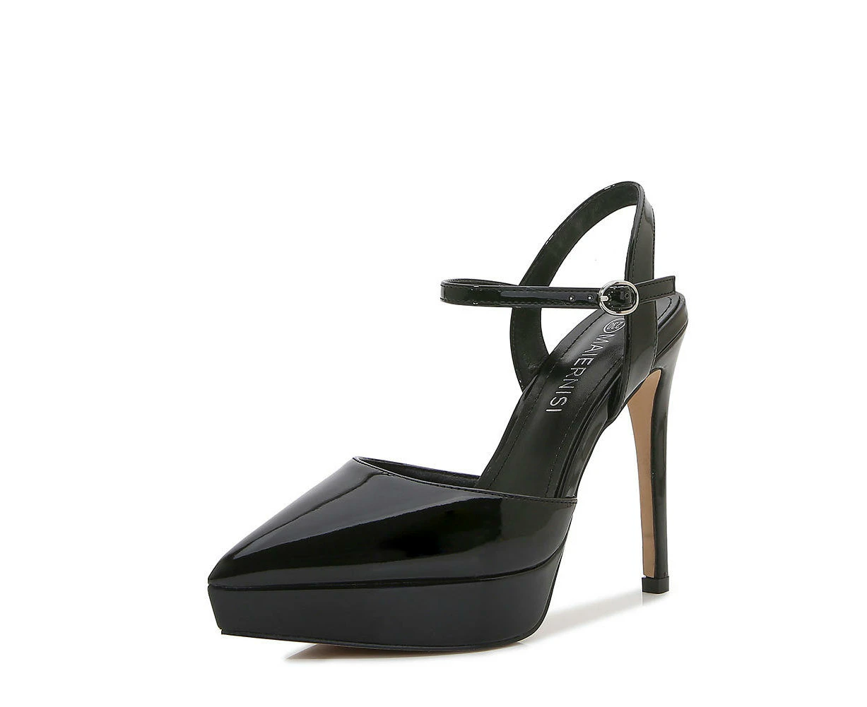 Women's Platform High Heels Closed Pointed Toe Stiletto Ankle Strap Pumps-black