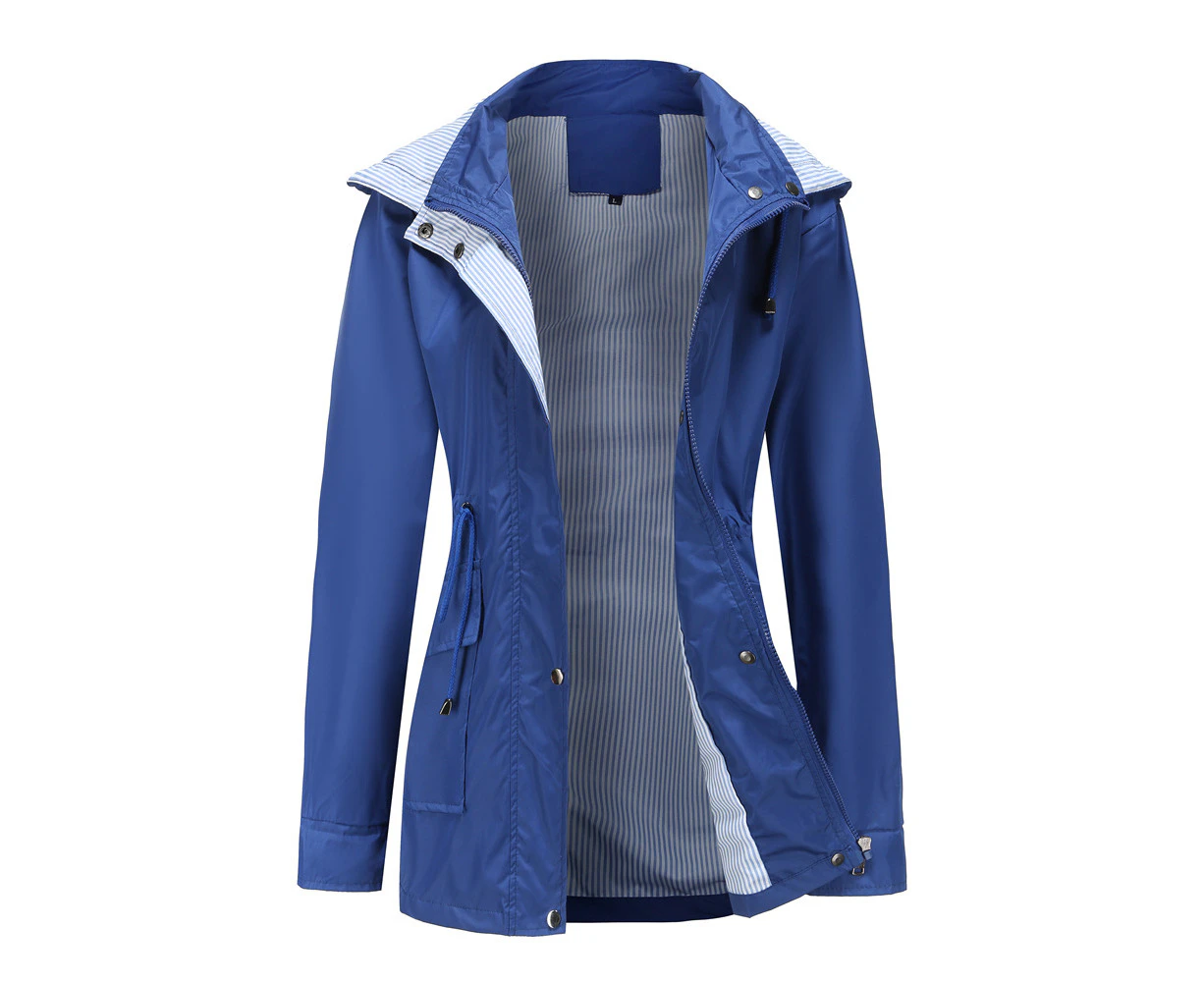 Raincoat Women Waterproof Long Hooded Trench Coats Lined Windbreaker Travel Jacket-Navy blue