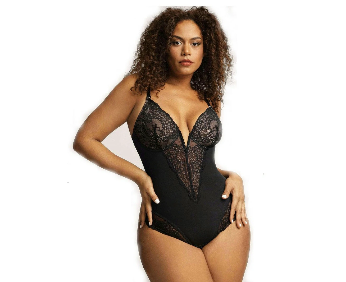 Lace Tummy Control Shapewear Bodysuit for Women Slimming Body Shaper V Neck Sculpting Thong Bodysuit-black