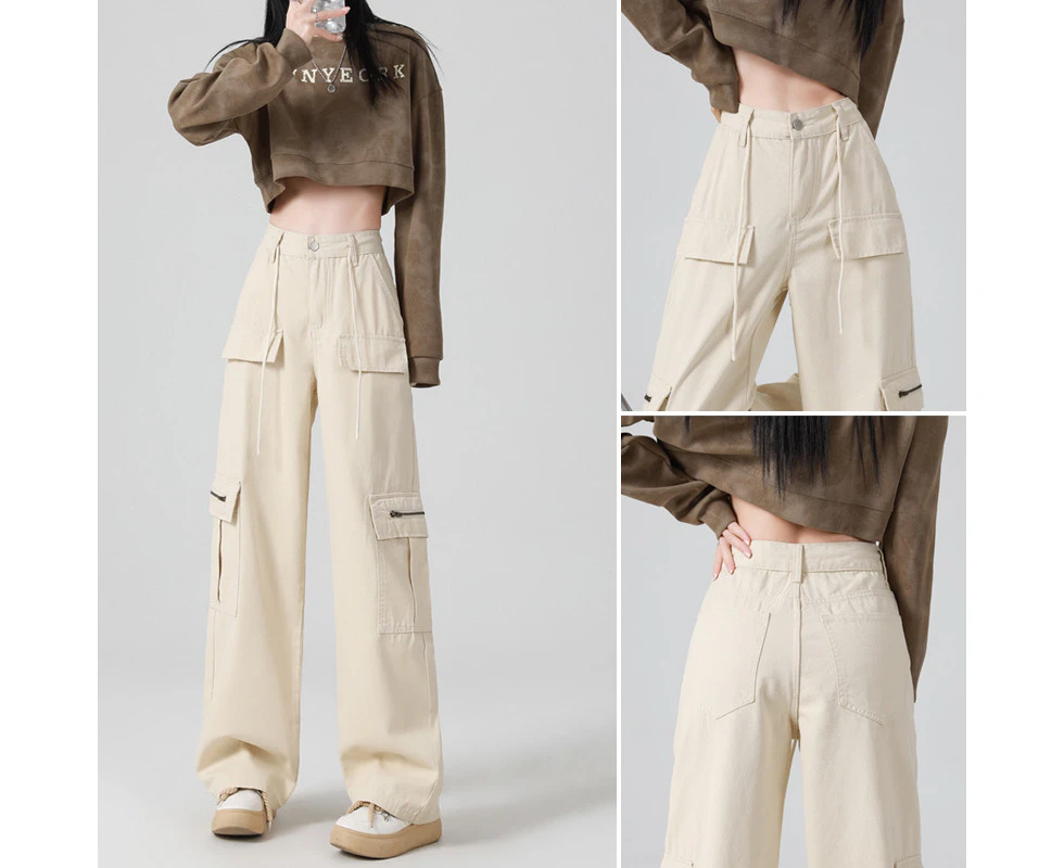 American Style Trend Large Pocket Overalls Women's 2024 Spring And Summer New Multi-Pocket Straight Wide-Leg Pants Trousers 66269