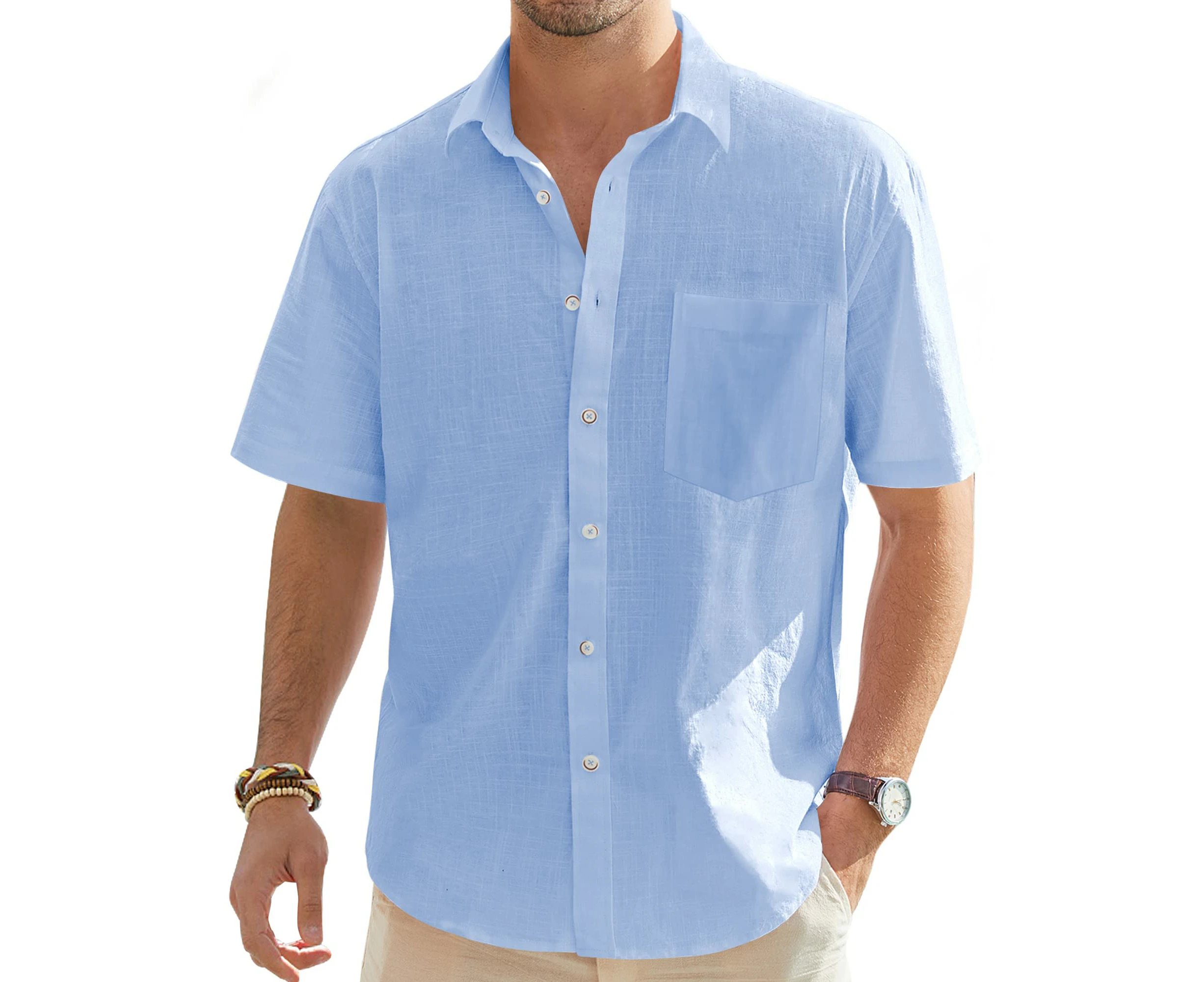 1pcs men's cotton and linen short-sleeved shirt--sky blue