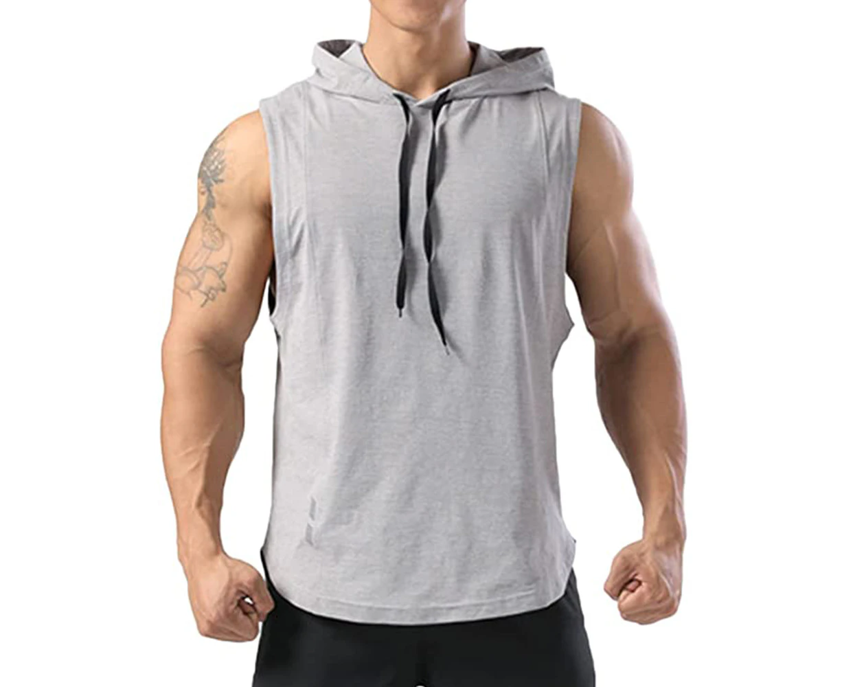 Men's Sports Hoodie Sleeveless Tank Tops Workout Gym Bodybuilding Muscle Quick Dry T Shirt - Grey