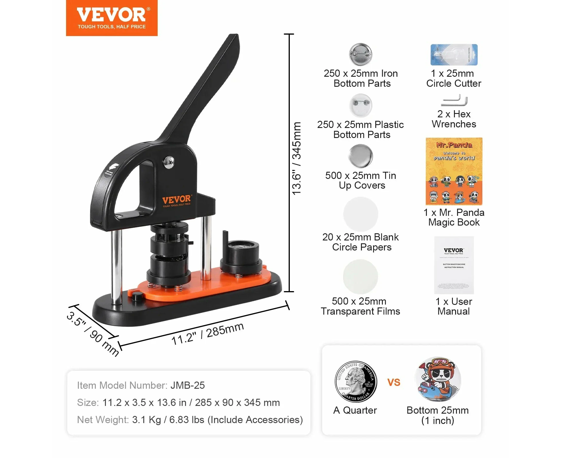 Button Maker, VEVOR, JMB-25 500 Buttons, Black