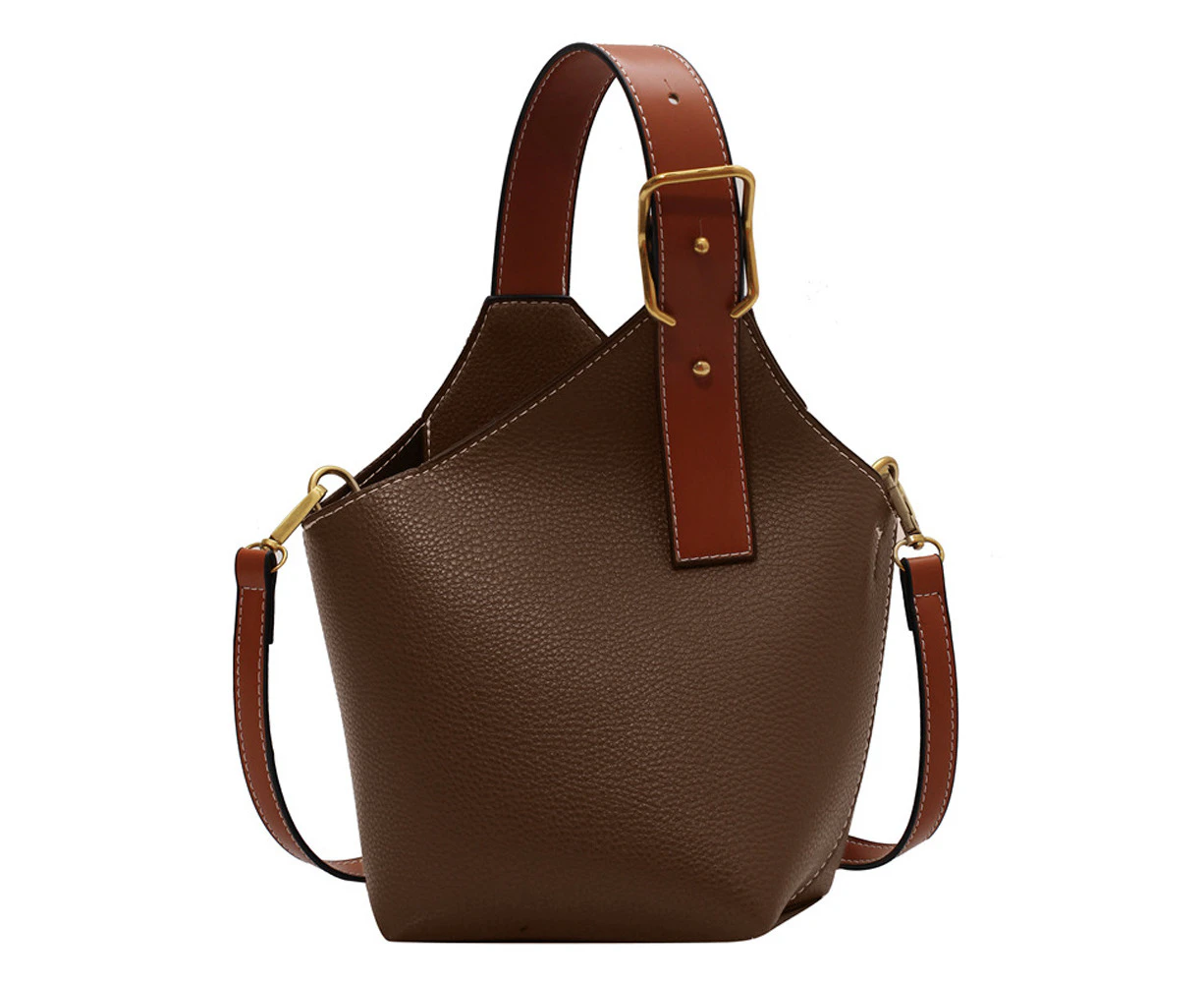 New Portable Bucket Bag Single Shoulder Crossbody Bag Artificial Leather Niche Hand Bag,Brown