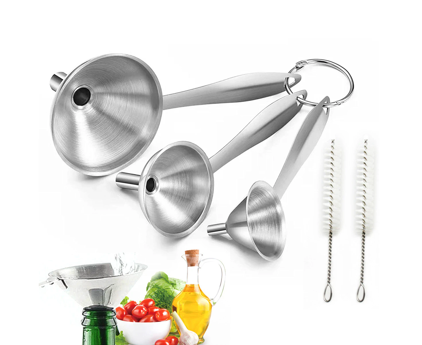 3 Pcs Stainless Steel Kitchen Funnel Set with Long Handle, Food Grade Mini Metal Funnel for Transferring Oil Liquid, Easy Cleaning with a Brush