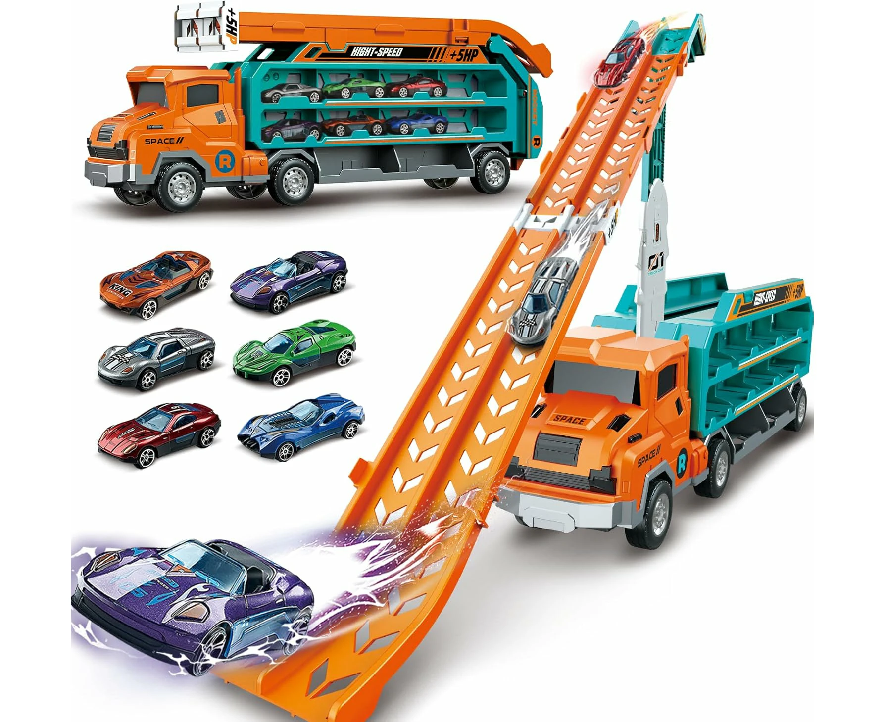 Toddler Car Truck Toys,Car Carrier Truck Toy for Kids Age 3-5 4-8,Foldable Car Track Sets with 2.8-Ft Race Track and 6 Die-Cast Race Cars