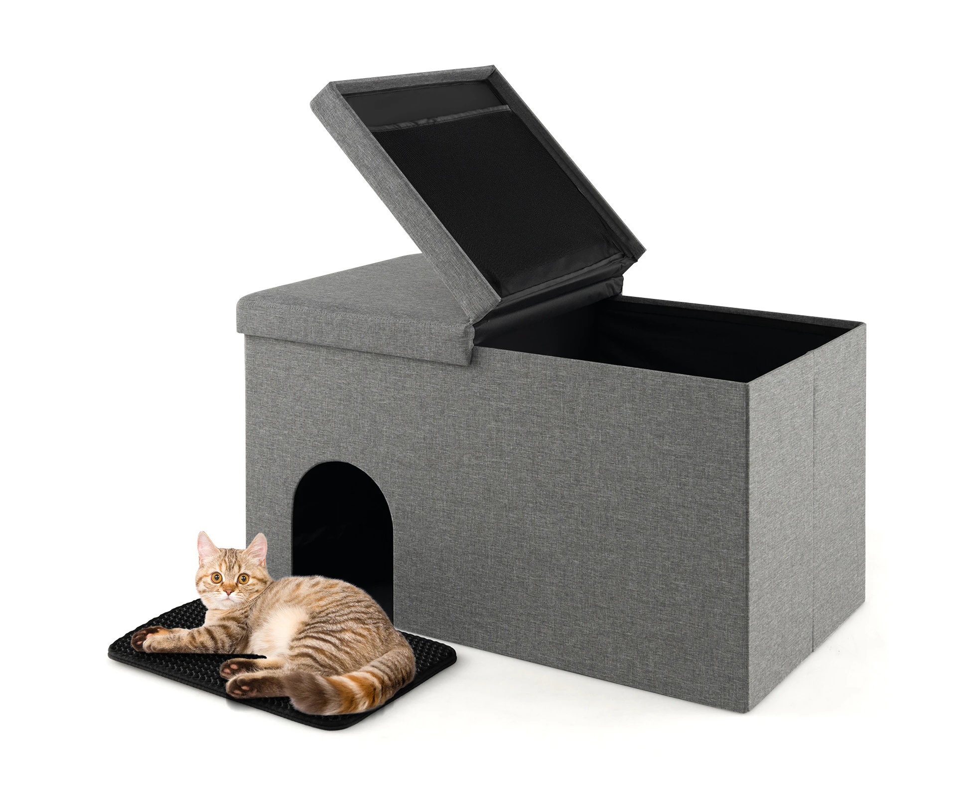 3-in-1 Cat Litter Box Hidden Cat Washroom w/Flip-up Lid Ottoman Shoe Bench Pet Furniture