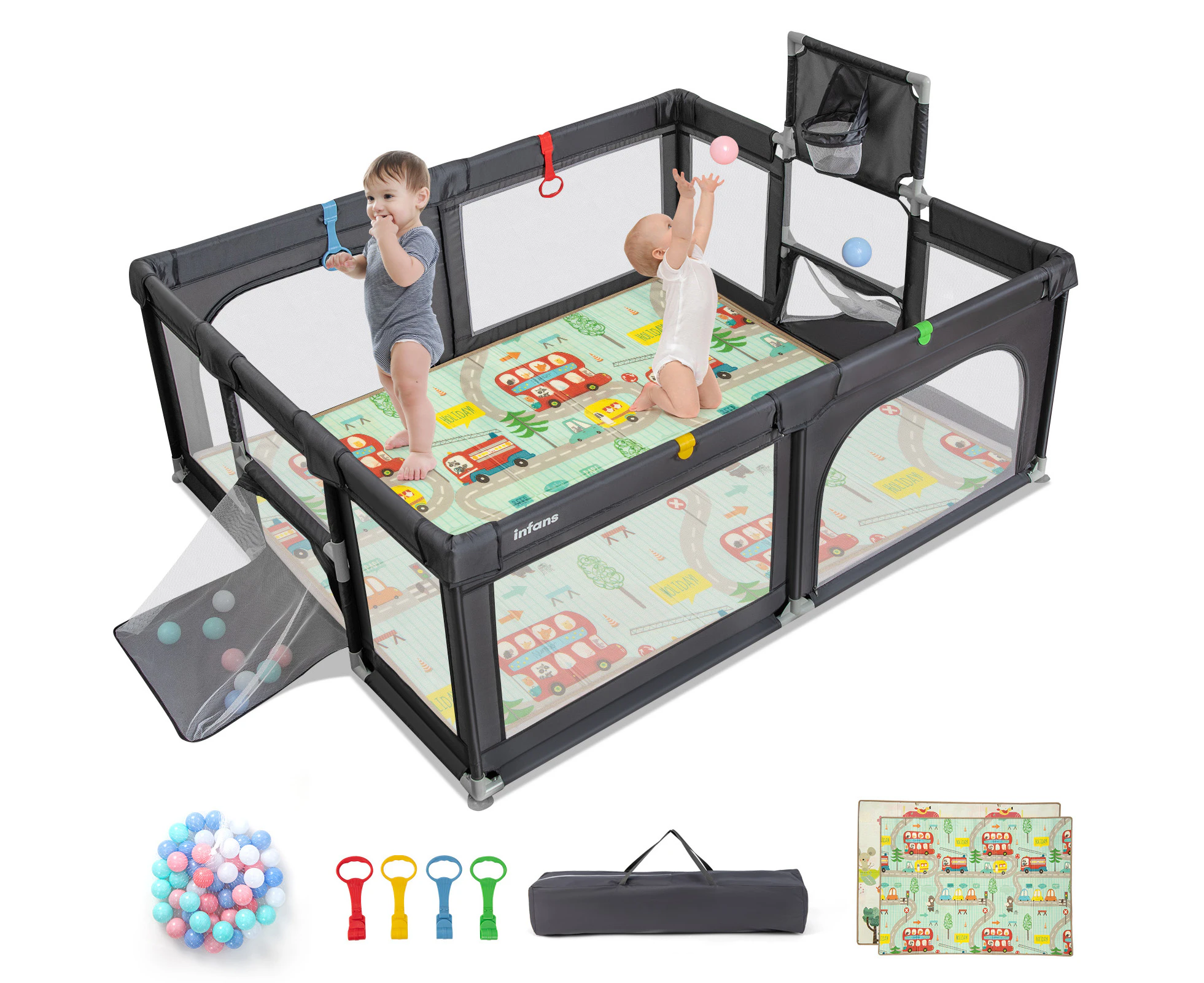 188cm Baby Playpen Toddler Playard Fence Safety Activity Center w/Basketball Hoop & Soccer Nets & Carry Bag Dark Grey