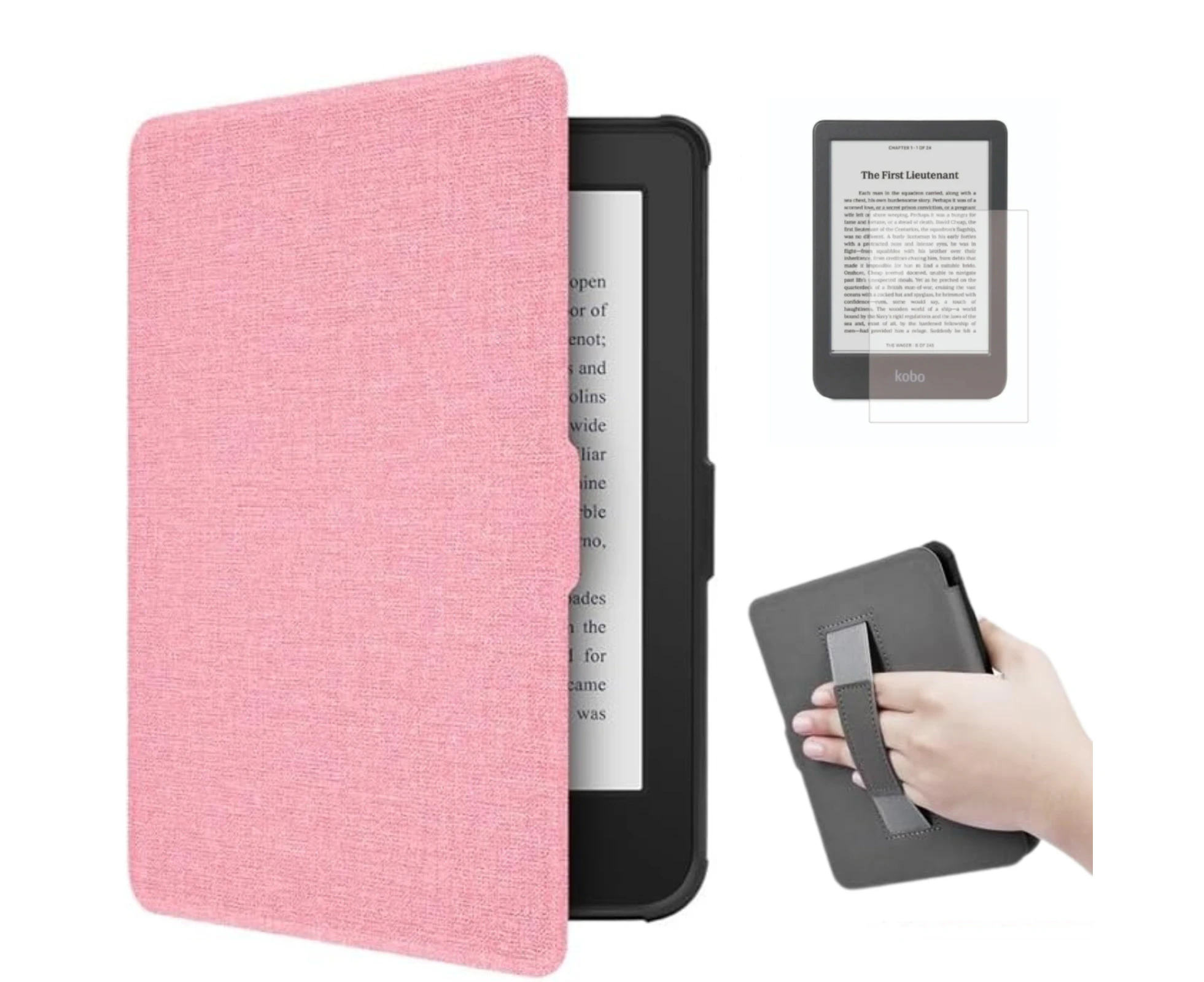 StylePro Combo Kobo Clara case with hand strap and screen protector, pink