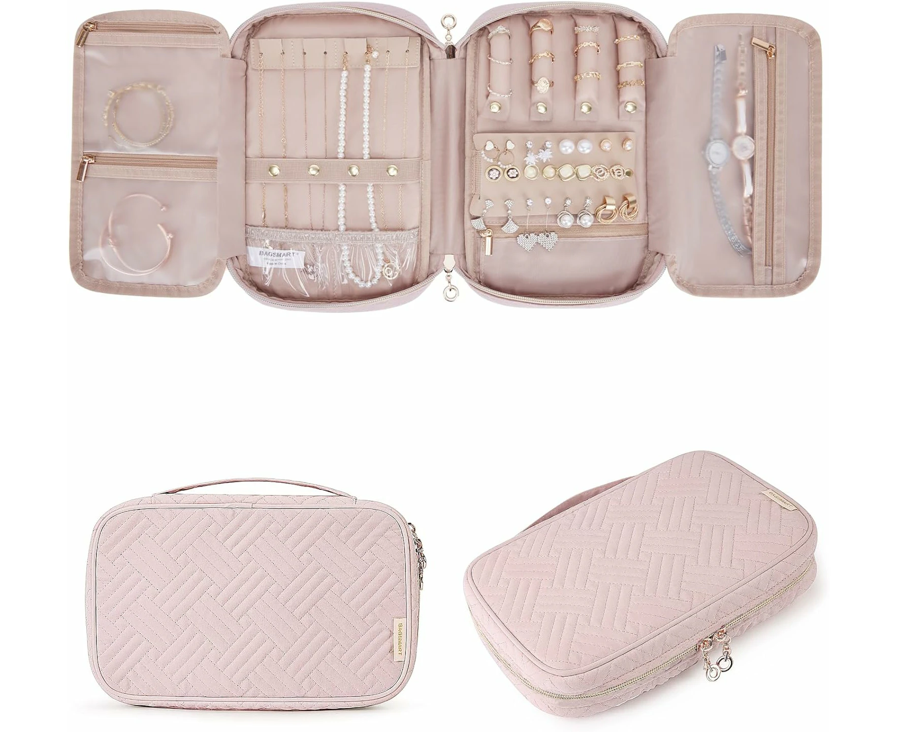 WSECOMM Jewelry Organizer Case Travel Jewelry Storage Bag for Necklace, Earrings, Rings, Bracelet, Soft Pink