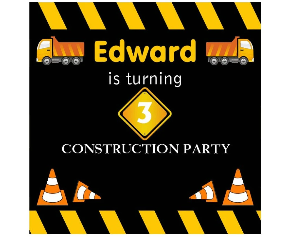 CONSTRUCTION TRUCKS SAFETY CONE PERSONALISED BIRTHDAY PARTY BANNER BACKDROP