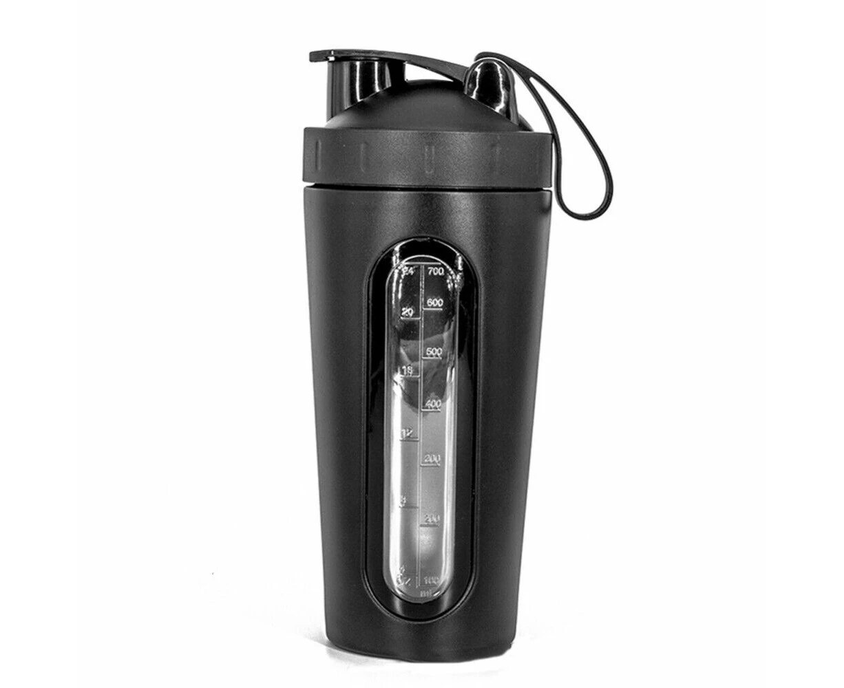 Stainless Steel Protein Shaker Bottle 700mL Cup Shake Drink Mixer Gym Leakproof-Black