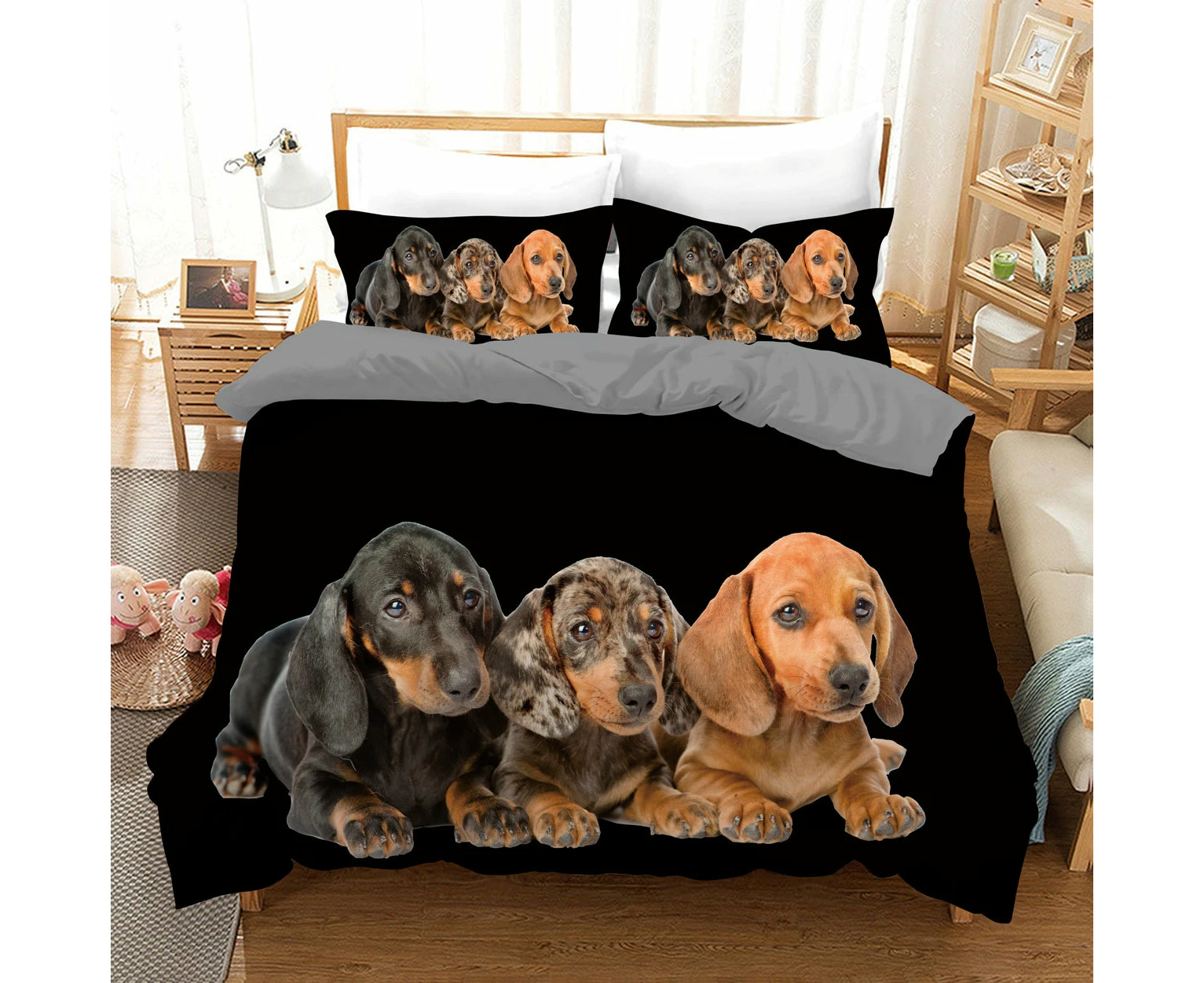 Dachshund Puppy Dog Quilt Doona Duvet Cover Pillow Case Set